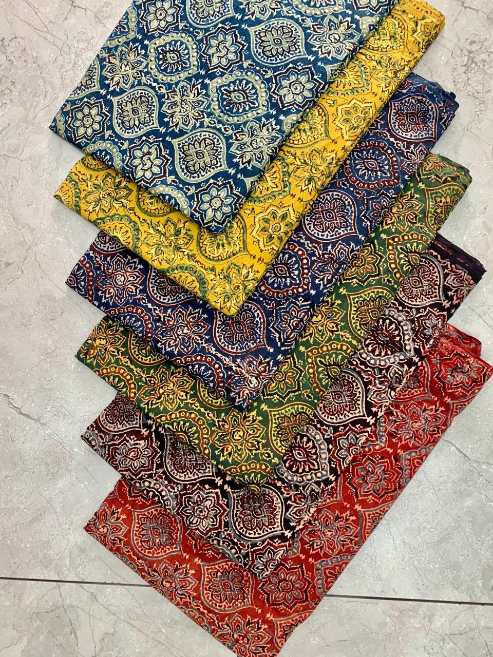 Ajrakh pure cotton handblock printed fabric in rust shade with multicolour artisan pattern